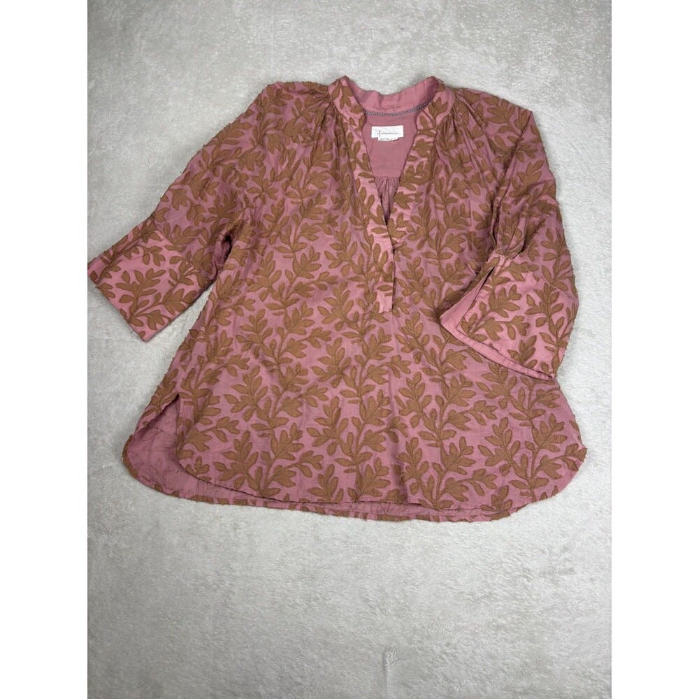 Anthropologie Button Pullover Pink Leaf Floral Cotton Shirt Blouse Top XL